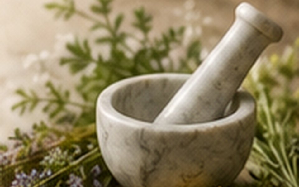 Erbe aromatiche e mortaio
